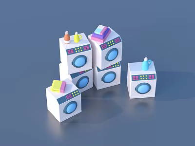 Stacked White Washing Machines With Blue Doors Detergent Bottles And Soap Cup 3d model