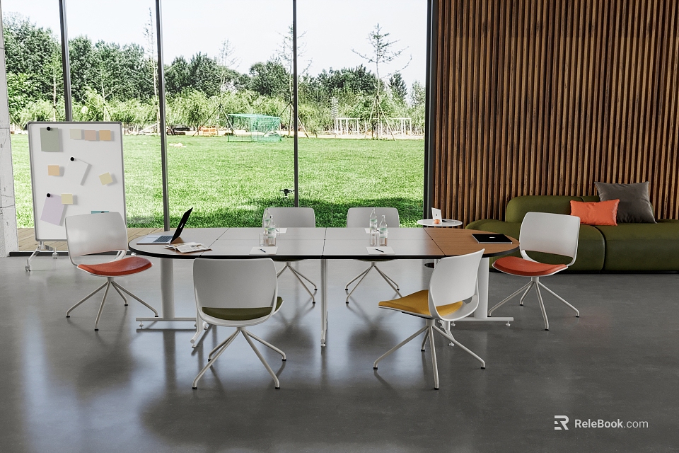 Modern Conference Room With Large Windows Green Lawn View Whiteboard Long Table And Colorful Chairs 3d model 