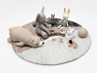 Cute Plush Rabbit And Bear Stuffed Toys On Round Carpet With Small Blocks And Cars 3d model