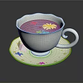 Decorative Teacup And Saucer With Purple Liquid White Daisy And Purple Flowers