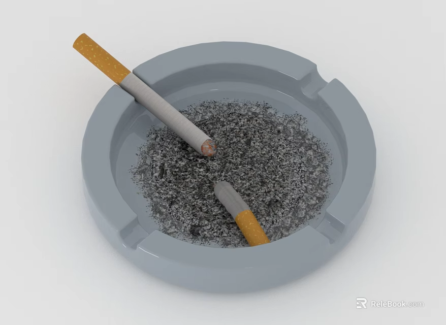 Elegant Round Gray Ashtray Decorative Ornament Set With Cigarettes And Ash 3d model 