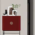 Red Entryway Console Cabinet With Spiral Pattern Wooden Accent Framed Art And Decorative Plants