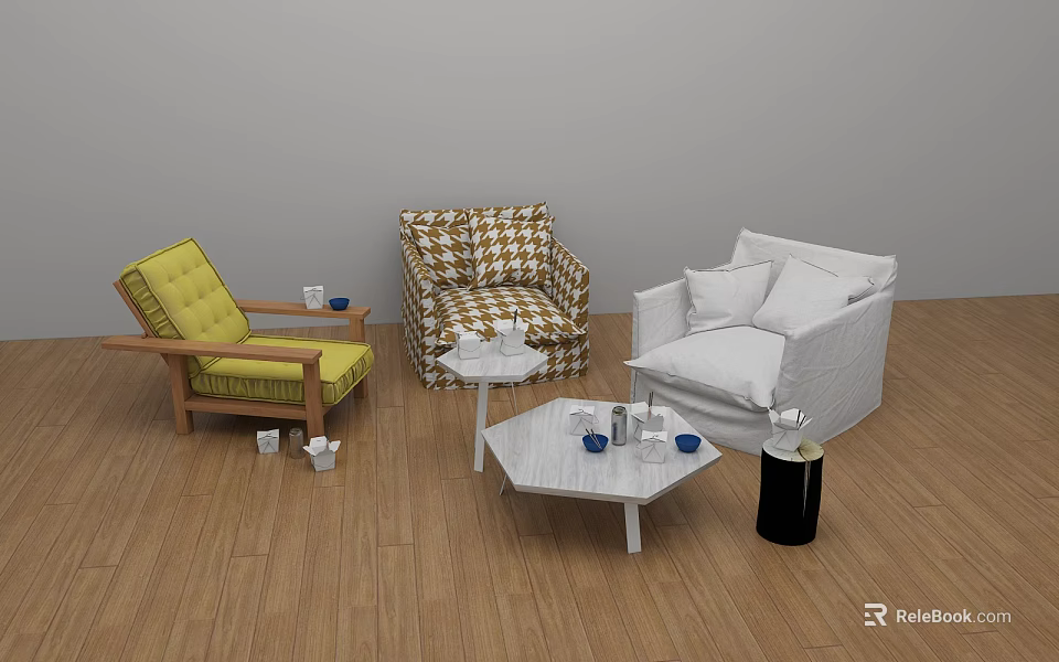 Casual Sofa Set With Yellow Checkered White Chairs And Small Coffee Tables On Wooden Floor 3d model 