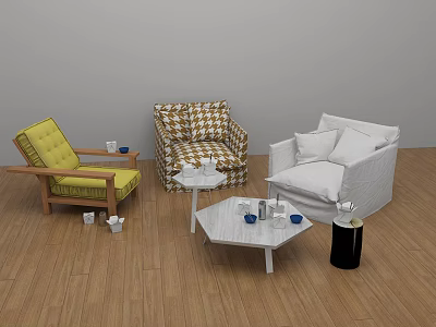 Casual Sofa Set With Yellow Checkered White Chairs And Small Coffee Tables On Wooden Floor 3d model