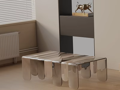 Modern Transparent Coffee Table Set With Unique Legs Grey Black Shelf And Golden Bull Decor 3d model