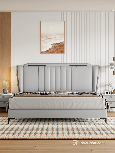Modern Double Bed With Grey Leather Tufted Headboard Nightstand Lamp And Wall Art 3d model 