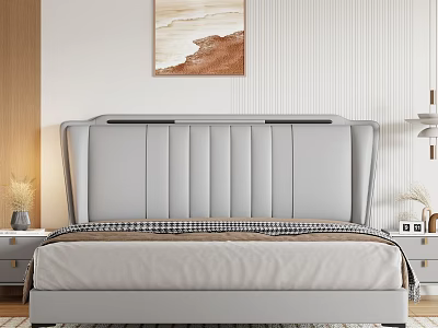 Modern Double Bed With Grey Leather Tufted Headboard Nightstand Lamp And Wall Art 3d model