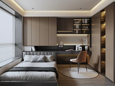 Modern Tatami Bedroom Interior With Wooden Cabinets Desk Chair Bookshelf And Window Blinds 3d model