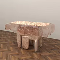Artistic Dining Table With Patterned Tabletop And Sculptural Legs On Herringbone Wooden Floor