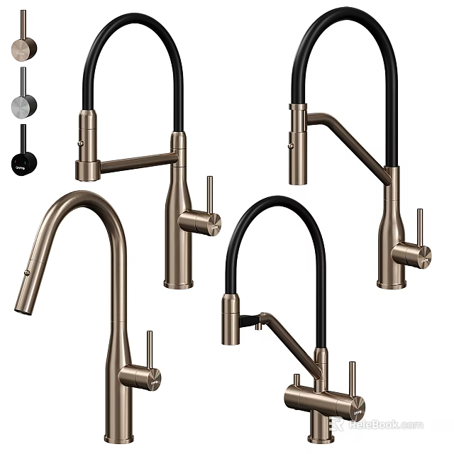 Sleek Modern Kitchen Faucets With Black Handles And Brushed Gold Finish Design 3d model 