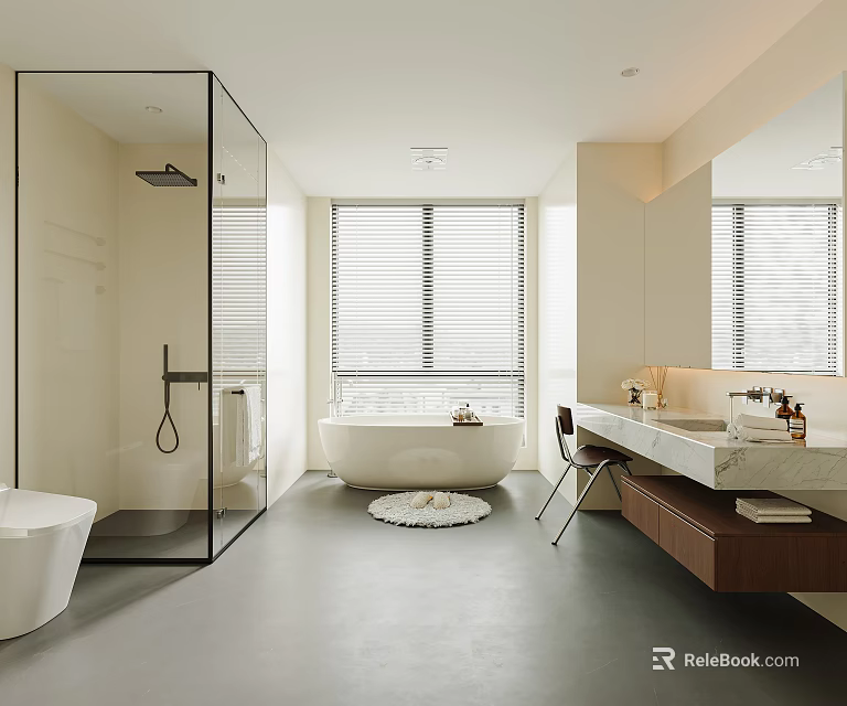 Modern Bathroom Interior Design With Glass Shower Enclosure Freestanding Bathtub And Marble Vanity 3d model 