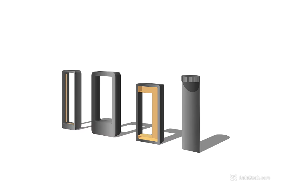 Outdoor Lights with Four Different Designs Including Rectangular Yellow Interior and Cylindrical Styles 3d model