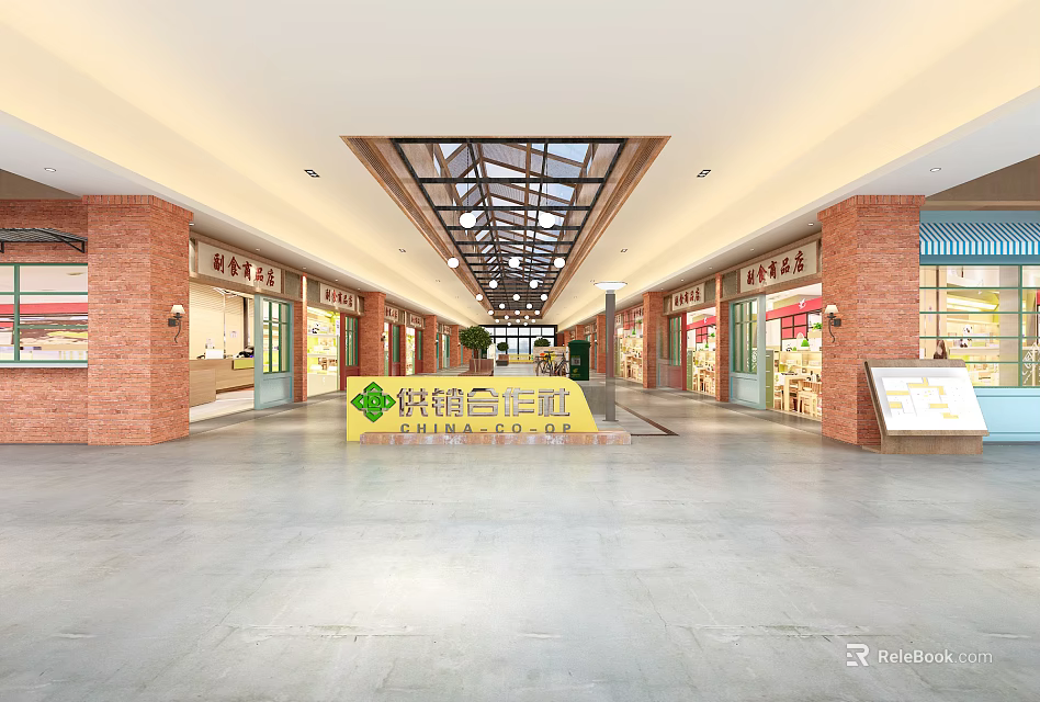 Modern Shopping Mall Interior With Retail Stores Glass Skylight And Brick Columns 3d model 