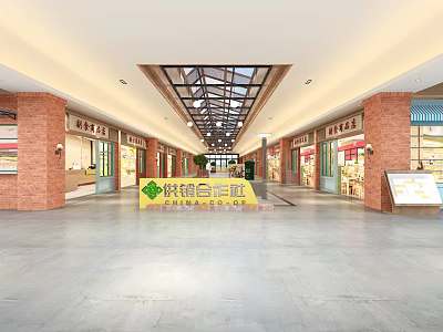 Modern Shopping Mall Interior With Retail Stores Glass Skylight And Brick Columns 3d model