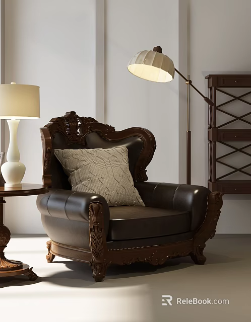 Classic Brown Leather Single Sofa Featuring Carved Wooden Armrests Decorative Pillow And Side Table Lamp 3d model 