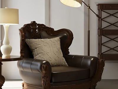 Classic Brown Leather Single Sofa Featuring Carved Wooden Armrests Decorative Pillow And Side Table Lamp 3d model