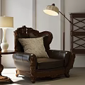 Classic Brown Leather Single Sofa Featuring Carved Wooden Armrests Decorative Pillow And Side Table Lamp