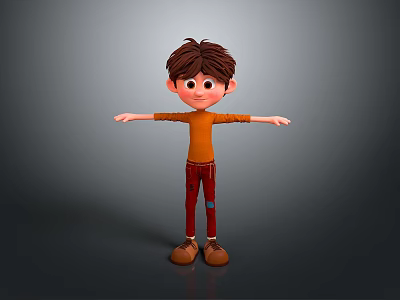 Child 3D Character With Brown Hair Orange Shirt Red Pants Arms Outstretched Standing 3d model