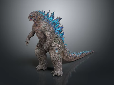 Giant Godzilla Figure Standing With Blue Spines And Gray Textured Skin 3d model
