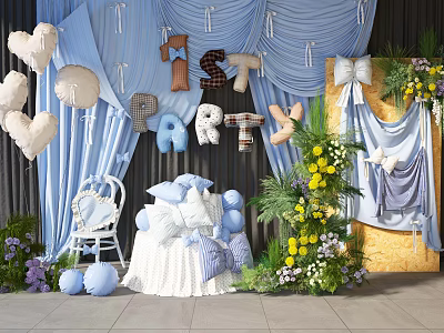 Elegant Floral Installation for 1st Party with Blue Curtains Heart Balloons and Flower Arrangements 3d model