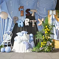 Elegant Floral Installation for 1st Party with Blue Curtains Heart Balloons and Flower Arrangements