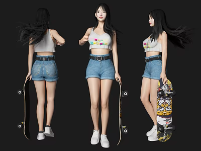 Woman in White Tank Top and Blue Denim Shorts Holding Skateboard with Flowing Long Hair 3d model