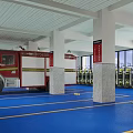 Red Fire Truck Parked On Blue Floor With White Pillars Yellow Seats And White Ceiling