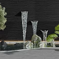 Tranquil Garden Landscape With Black Wall Water Fountain Columns Rocks Water Pool And Green Trees