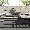 Modern Building Exterior Wall With Textured Stone Horizontal Stripes And Trees 3d model