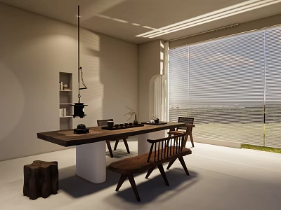 Modern Minimalist Wooden Tea Table And Chairs In Bright Interior With Natural Light 3d model