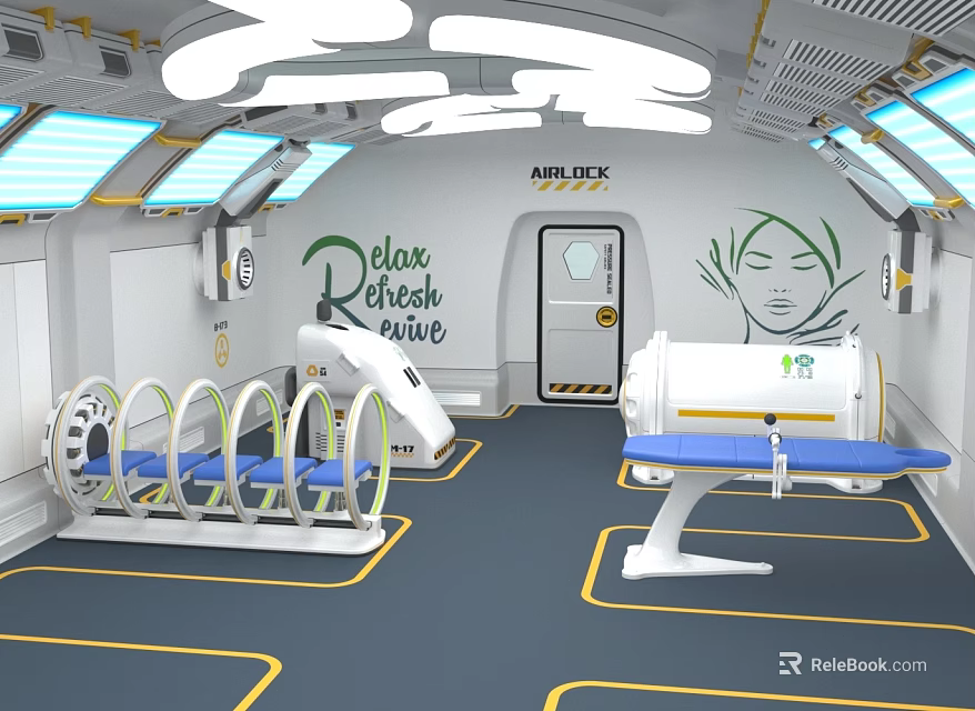 Delox Detox Suite Advanced Medical Equipment With Circular Therapy Chairs And Blue Cushion Treatment Bed 3d model 