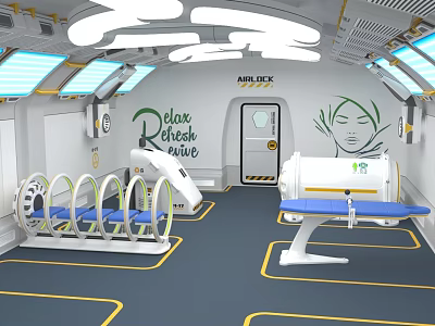 Delox Detox Suite Advanced Medical Equipment With Circular Therapy Chairs And Blue Cushion Treatment Bed 3d model