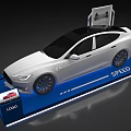 Showcase Display Shelves For New Energy Vehicle Model With Blue Platform Screen And Sign