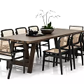 Modern Dining Table Set With Wooden Table Woven Backrest Chairs And Tabletop Potted Plant Tea Set