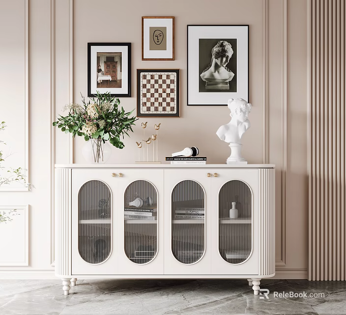 White Entryway Cabinet Sideboard with Glass Doors Decorative Sculpture Green Plants and Wall Art 3d model 