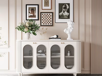 White Entryway Cabinet Sideboard with Glass Doors Decorative Sculpture Green Plants and Wall Art 3d model