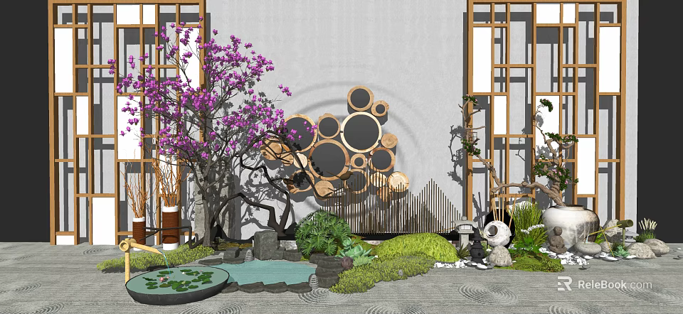 Chinese Style Garden Ornament Featuring Purple Flowering Tree Circular Wall Pond And Green Plants 3d model 