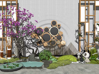 Chinese Style Garden Ornament Featuring Purple Flowering Tree Circular Wall Pond And Green Plants 3d model