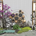 Chinese Style Garden Ornament Featuring Purple Flowering Tree Circular Wall Pond And Green Plants