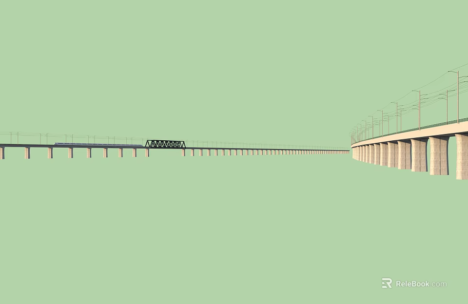Modern Road Infrastructure Featuring Long Bridge With Street Lamps And Concrete Piers 3d model 