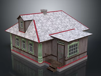 Wooden House With Gray Roof Red Trim Green Accents Windows Porch And Chimney 3d model