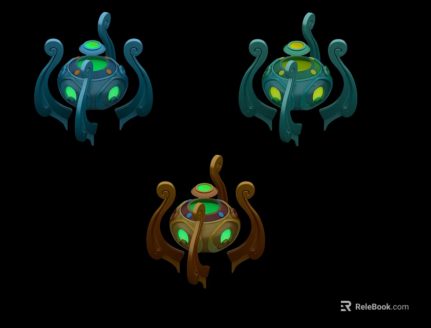 Fantasy Style Decorative Ornaments With Blue Brown Hues And Green Glowing Accents 3d model 