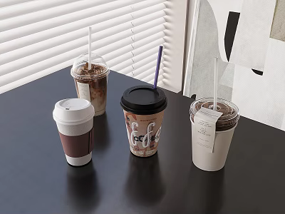 Assorted Beverages in Disposable Cups with Lids and Straws on Black Table 3d model