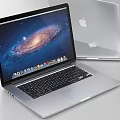 Sleek Apple Laptop Open Screen Showing Galaxy Display With Silver Body And Desktop Icons