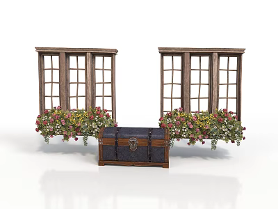 Wooden Window Frames With Flower Boxes Filled With Colorful Flowers And Vintage Chest 3d model