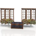 Wooden Window Frames With Flower Boxes Filled With Colorful Flowers And Vintage Chest