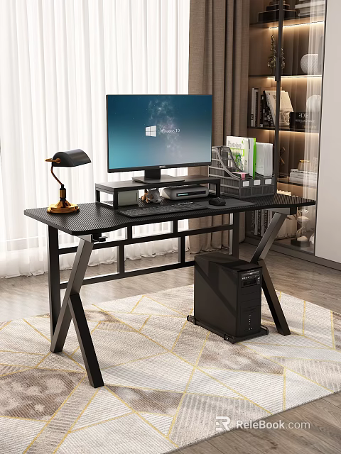 Cozy Modern Bedroom Workspace With Black Computer Desk Monitor Desk Lamp And Bookshelf Rug 3d model 
