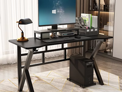 Cozy Modern Bedroom Workspace With Black Computer Desk Monitor Desk Lamp And Bookshelf Rug 3d model