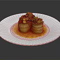 Fresh Green Vegetable Rolls Garnished With Herbs And Yellow Sauce On White Plate