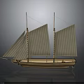 Vintage Wooden Sailboat Model with Two Masts and White Sails on Reflective Surface